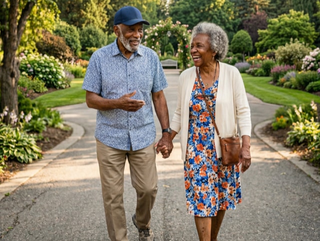 An elderly couple walks hand in hand along a sunny garden path, smiling and talking.